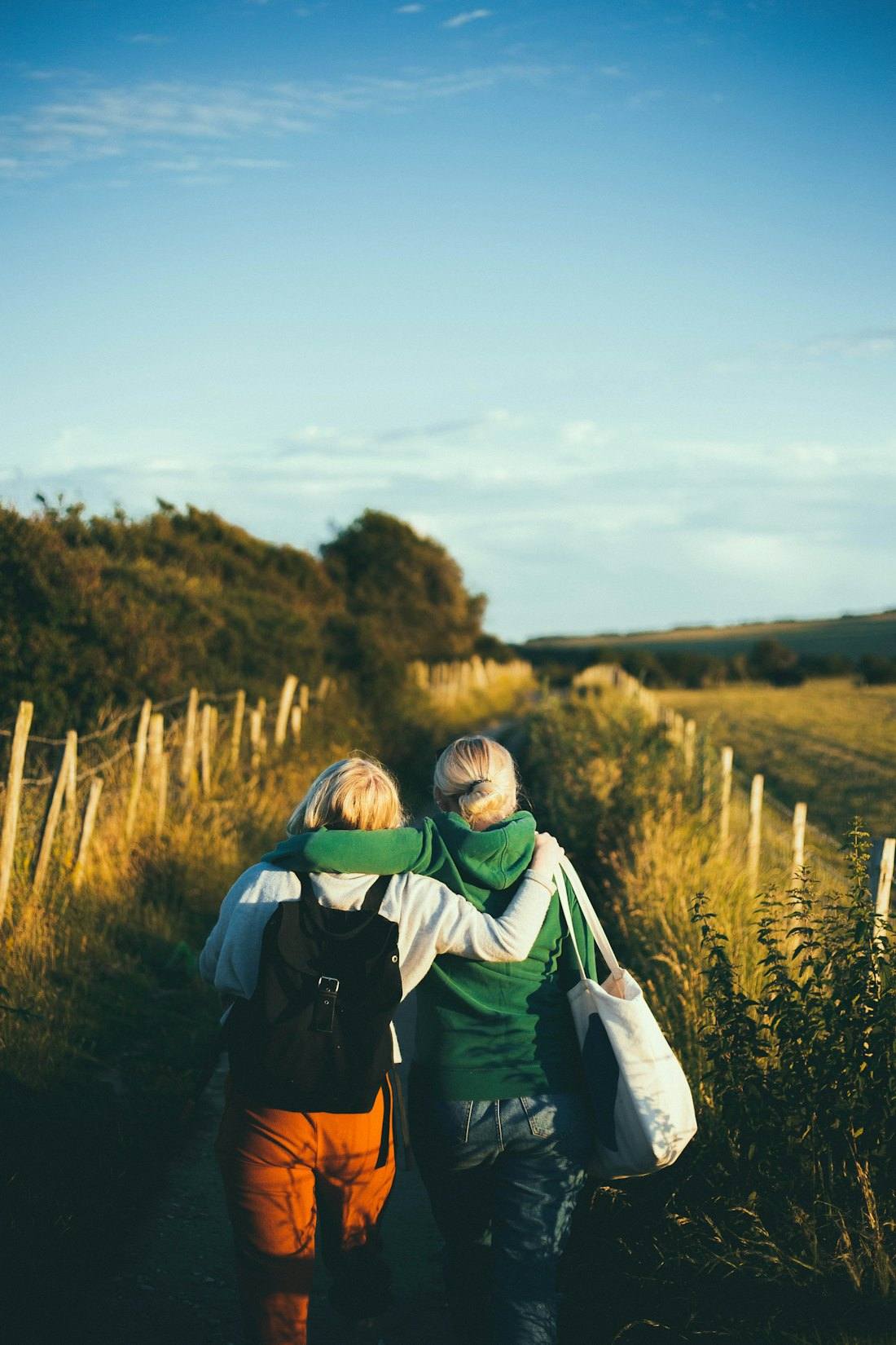 Two people walking arm in arm along a tree-lined path